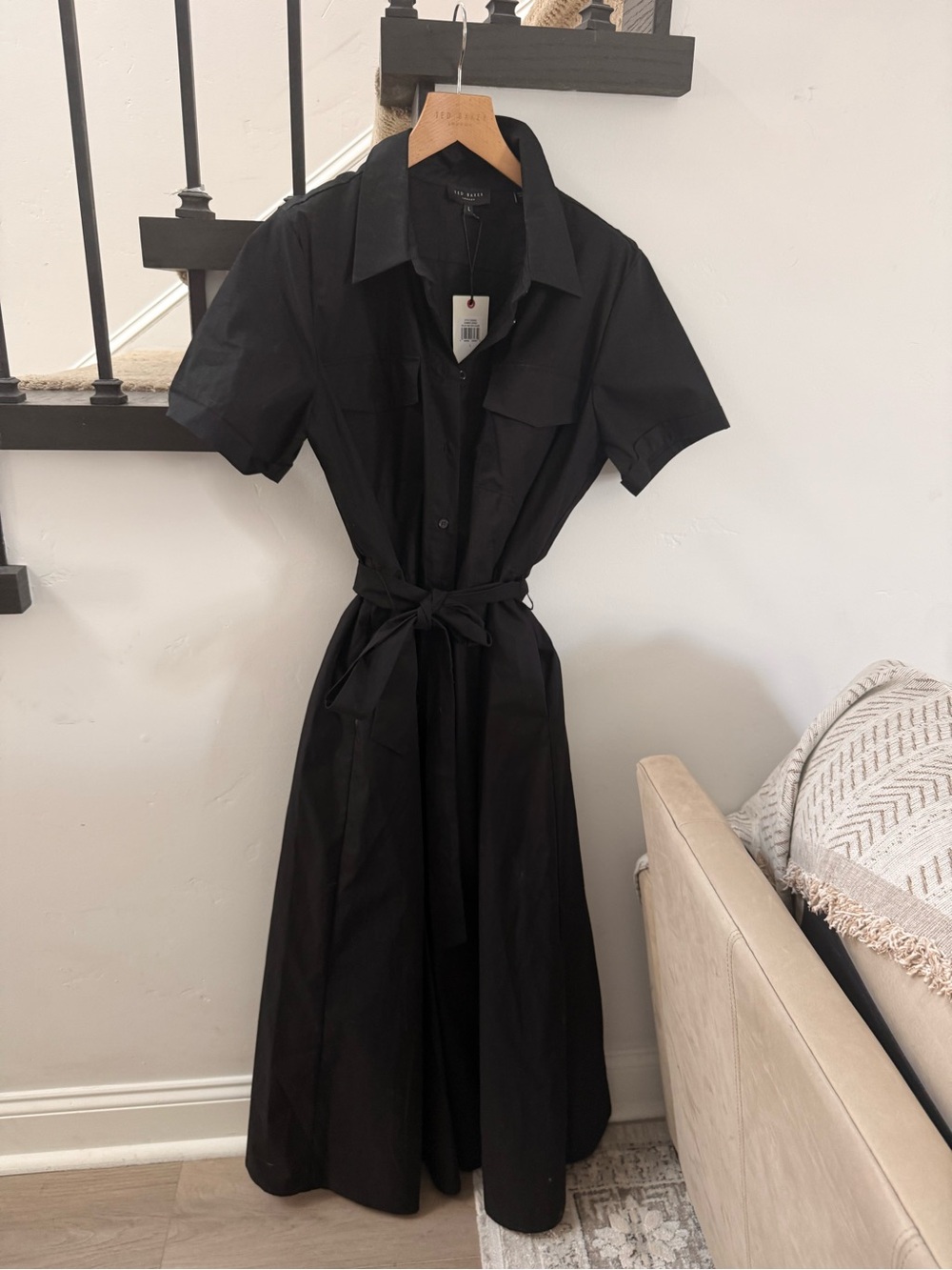 Ted Baker London Black Maxi Shirt Dress with Waist Tie and pockets